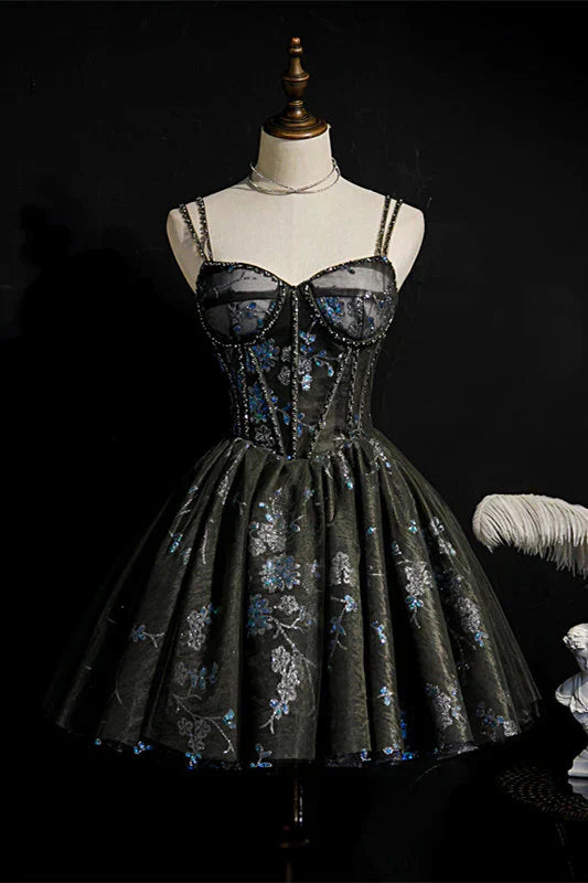 Fashion Sequined Floral Design A-line Sweetheart Tulle Short Spaghetti Strap Homecoming Dress HZ1024