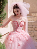 Vintage Pink Applique Beaded Strapless Sweet 16 Quinceanera Sweetheart A-Line Floor-length Prom Dress Birthday Dress Evening Dress Ball Gown HZ1024