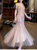 Vintage Pink Sequin Mermaid Spaghetti Strap V-neck Evening Dress Long Prom Dress HZ1024
