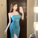 Fashion Blue Sequin Split Dress Design A-line Sleeveless Strapless Homecoming Dress HZ1024