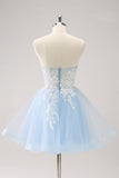 New Fashion Light Blue Flower Embroidery Design A-line Spaghetti Strap Homecoming Dress HZ1024