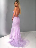 Unique Backless Mermaid Lavender Spaghetti Straps Lace Prom Dress with Appliques, Mermaid Purple Lace Formal Evening Dress HZ1024