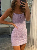 Vintage Light Purple Appliqued Bodycon Design A-line Spaghetti Strap Homecoming Dress HZ1024
