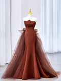Mermaid Satin Tulle Long Prom Dress, Brown Strapless Evening Party Dress HZ1024