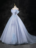 Blue Pearl Tulle Floor Length Prom Dress, A-Line Off the Shoulder Formal Party Dress HZ1024