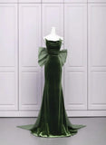 Green Velvet Straps Low Back Evening Dress, Green Velvet Prom Dress HZ1024