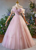 Pink Off Shoulder Tulle Long Formal Dress, Pink A-line Prom Dress HZ1024