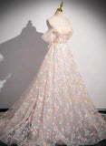Beautiful A-line Off Shoulder Flowers Lace Formal Dress, Long Prom Dress HZ1024