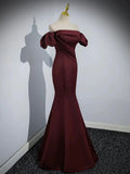 Charming Maroon Satin Mermaid Off Shoulder Prom Dress, Maroon Party Dress HZ1024