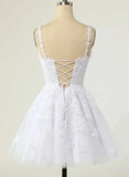 Cute V-neckline White Tulle with Lace Graduation Dress, White Short Party Dress HZ1024