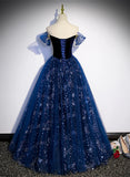 Lovely Navy Blue Tulle Off Shoulder Beaded Long Party Dress, Navy Blue Tulle Prom Dress HZ1024