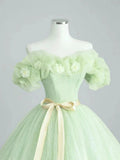 A-Line Sage Green Tulle Long Prom Dress, Beautiful Off the Shoulder Evening Party Dress HZ1024