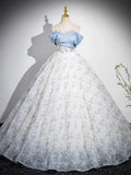 Blue Tulle Printing Floor Length Prom Dress, Off the Shoulder Backless Evening Dress HZ1024