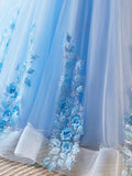 Blue Appliques Lace Flower Floor Length Prom Dresses, Beautiful V-Neck Short Sleeve Evening Dress HZ1024