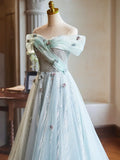 A-Line Green Floor Length Prom Dress, Beautiful Off the Shoulder Backless Evening Party Dress HZ1024