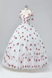 White Cherry Floor Length Prom Dresses, A-Line Ruffle Tulle Spaghetti Straps Princess Evening Dresses HZ1024