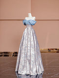 Blue Satin and Floral Pattern Floor Length Prom Dress, Off the Shoulder Evening Party Dress HZ1024