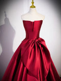 Burgundy Satin Strapless Long Prom Dress, Beautiful A-Line Evening Party Dress HZ1024