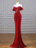 Burgundy Velvet Sequins Long Prom Dress, Mermaid Off the Shoulder Party Dress with Slit HZ1024