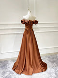 Simple Satin Long Prom Dress, Off the Shoulder V-Neck Evening Dress HZ1024