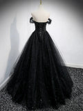 Black Tulle Beaded Floor Length Prom Dress, Black A-Line Off-Shoulder Evening Party Dress HZ1024