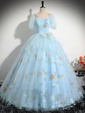 Blue Tulle Floor Length Prom Dress, Beautiful Short Sleeve Evening Party Dress HZ1024