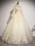 Champagne Tulle Lace Long Prom Dress, A-Line Off the Shoulder Long Sleeve Evening Dress HZ1024