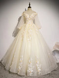 Champagne Tulle Lace Long Prom Dress, A-Line Off the Shoulder Long Sleeve Evening Dress HZ1024