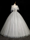 Gray Sparkly Tulle Long Scoop Neckline Prom Dress, Beautiful A-Line Evening Party Dress HZ1024
