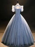 Blue Tulle Long A-Line Prom Dress, Beautiful Short Sleeve Evening Party Dress HZ1024