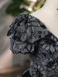 Beautiful Black Rhinestone Flower Prom Dress, Black V-Neck Short Sleeve Evening Dress HZ1024