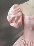 Beautiful Pink Scoop Neck Satin Floor Length Prom Dress, A-Line Short Sleeve Evening Dress with Bow HZ1024