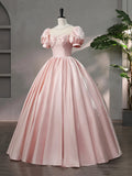 Beautiful Pink Scoop Neck Satin Floor Length Prom Dress, A-Line Short Sleeve Evening Dress with Bow HZ1024