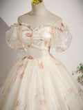 Champagne Floral Tulle Long Prom Dress, Beautiful Short Sleeve A-Line Evening Party Dress HZ1024