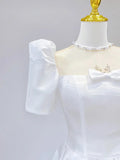 White Satin Short Sleeve Floor Length Prom Dress, White A-Line Party Dress HZ1024