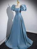 Blue Puff Sleeve Satin Floor Length Prom Dress, Blue A-Line Evening Party Dress HZ1024