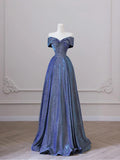 Shiny Off the Shoulder Floor Length Blue A-Line Prom Dress HZ1024