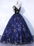 Navy Blue Tulle Long Prom Dress, Spaghetti Straps Lace Flower Backless Evening Dress HZ1024