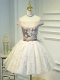 Champagne Tea Length Lace Party Dress, Off the Shoulder Evening Dress HZ1024