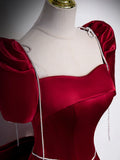 Beautiful Satin Floor Length Prom Dress with Bowknot, Burgundy Short Sleeve Evening Dress HZ1024