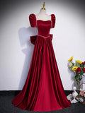 Beautiful Satin Floor Length Prom Dress with Bowknot, Burgundy Short Sleeve Evening Dress HZ1024