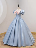 Blue Satin Floor Length Prom Dress with Bow, Blue A-Line Evening Formal Dress HZ1024