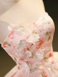 Beautiful Strapless Tulle Flower Long Prom Dress, Pink Ball Gown Formal Dress HZ1024
