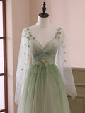 Light Green Tulle Long Sleeve Prom Dress, Green Gradient Floor Length Evening Dress HZ1024