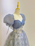 Blue Tulle Lace Long Prom Dress, Beautiful Short Sleeve Evening Dress HZ1024