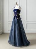 Blue Spaghetti Strap Velvet Long Prom Dress with Star, Blue Evening Dress Party Dress HZ1024