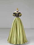 Green Satin Lace Long Prom Dress, Beautiful A-Line Evening Dress with Bow HZ1024