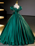 Green Satin Lace Floor Length Formal Dress, Short Sleeve A-Line Evening Dress HZ1024