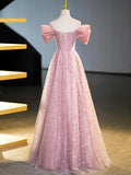 Sparkly Off-Shoulder Sequins Floor Length Formal Dress, Beautiful Pink Prom Dress HZ1024