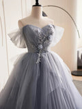 Gray Tulle Long A-Line Prom Dress, Off Shoulder Evening Dress Party Dress HZ1024